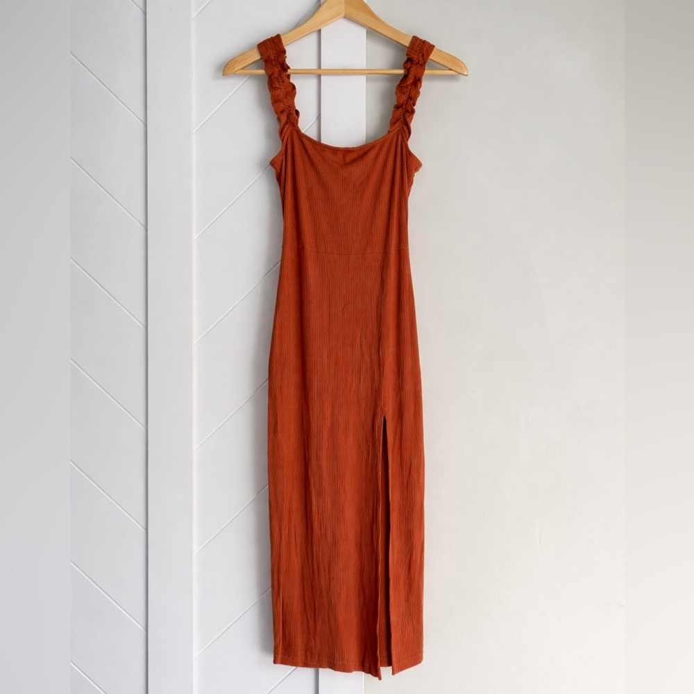 Sweet Lemon Rust Orange Ribbed Midi Dress Ruffle Strap Women’s M